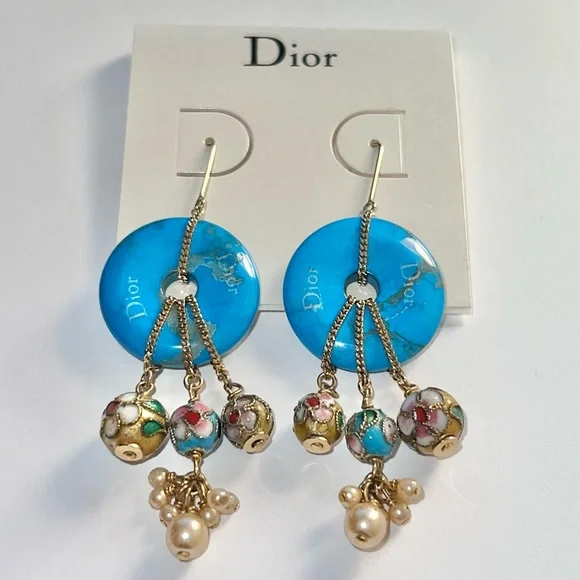 AUTH VTG 2006 Christian Dior Gold Hook Drop Dangle Blue Gemstone Boho Earrings - Picture 2 of 11